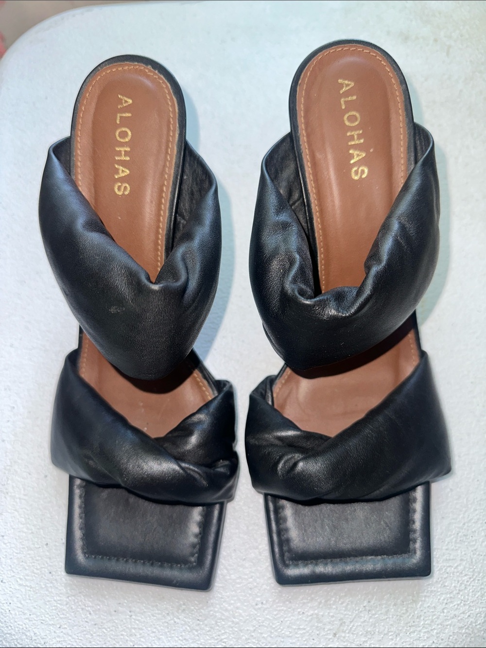 ALOHAS Black Leather Twisted Strap Square Toe Heeled Mules EU 39 US 9